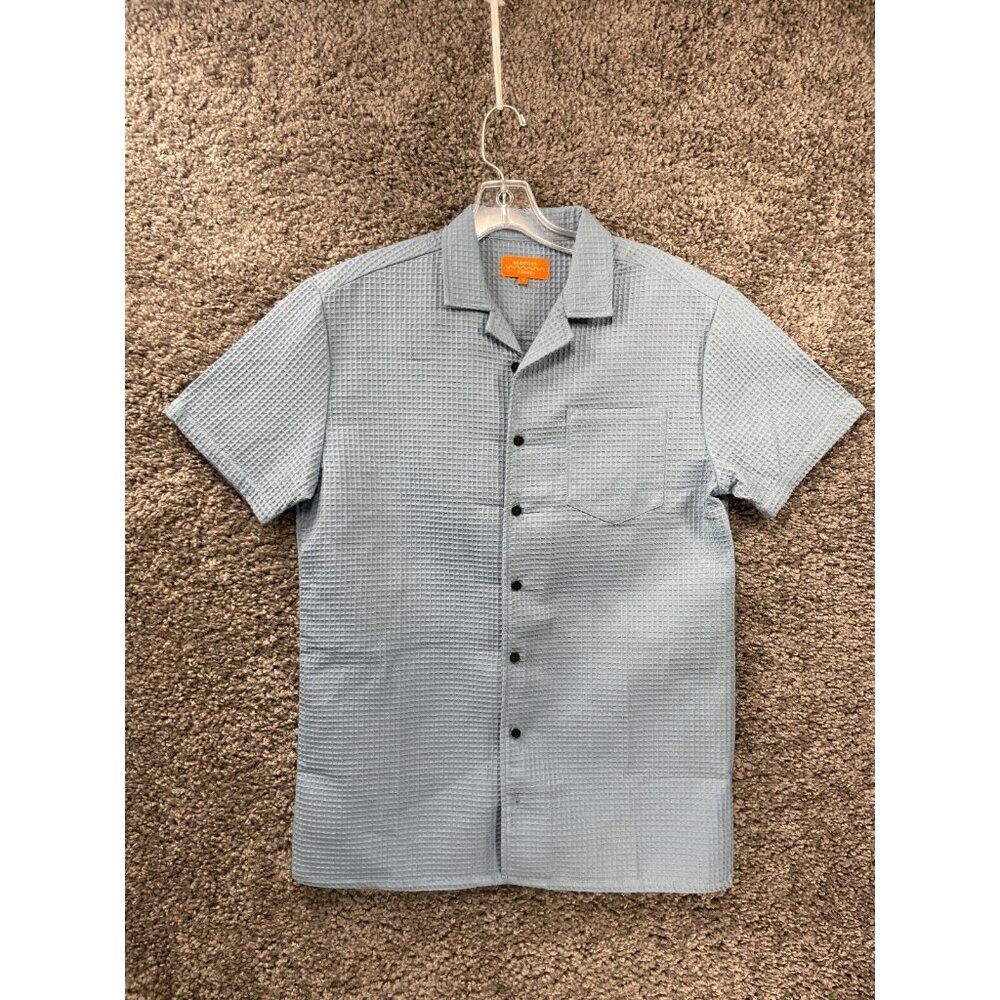 Negative Space Waffle Knit Button Up Shirt Mens Small Blue Short Sleeve Casual